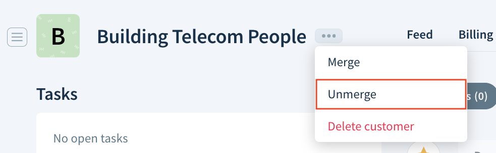 Screenshot of a customer record header highlighting the Unmerge option in the drop-down next to the customer name.