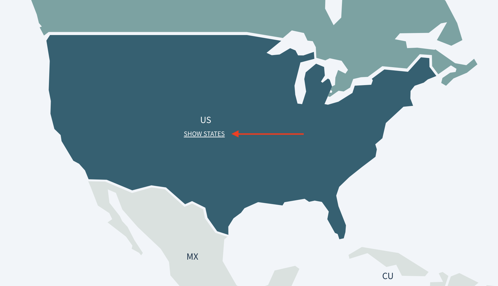 Screenshot showing the United States with the option Show States under the country’s name.