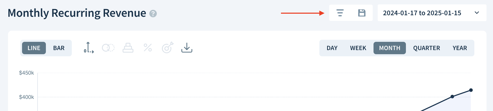 Screenshot showing the location of the Apply a filter or saved segment button.