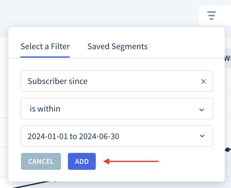 Screenshot showing the selection of the Subscriber since attribute with the date range as described here