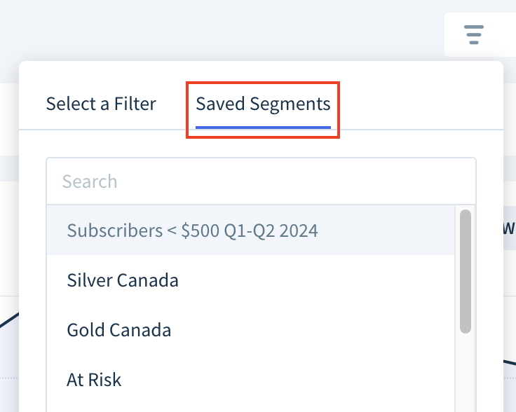 Screenshot showing the filter drop-down with the Saved Segments tab selected