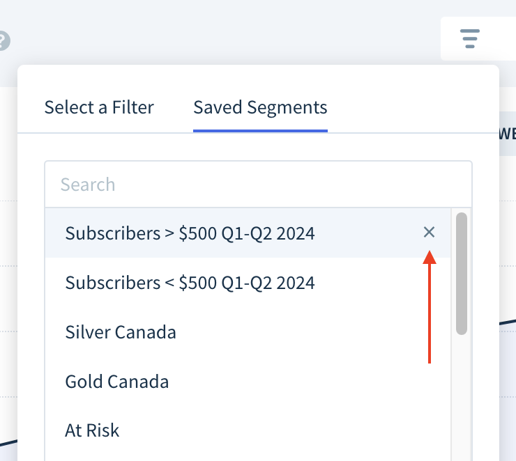 Screenshot showing the Saved Segments tab of the filter drop-down