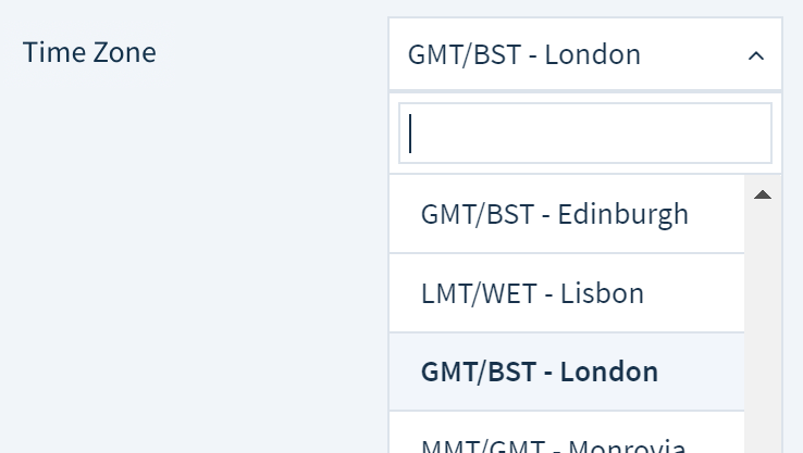 Screenshot of the Time zone drop-down with various time zones