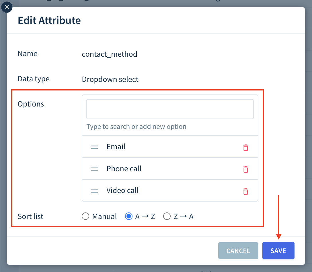 Screenshot of the Edit Attribute modal showing the Options and Sort list settings available for dropdown select attributes.