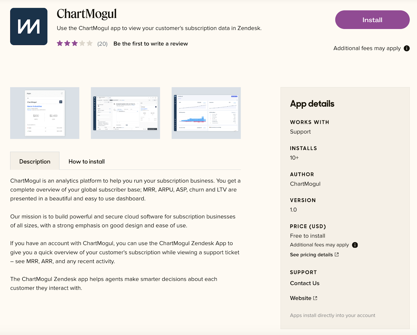 ChartMogul app’s page on Zendesk App Marketplace. 
