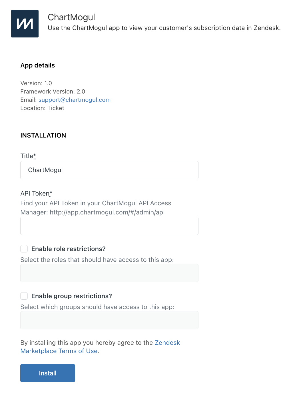 ChartMogul app installation page with the Title and API Token fields.