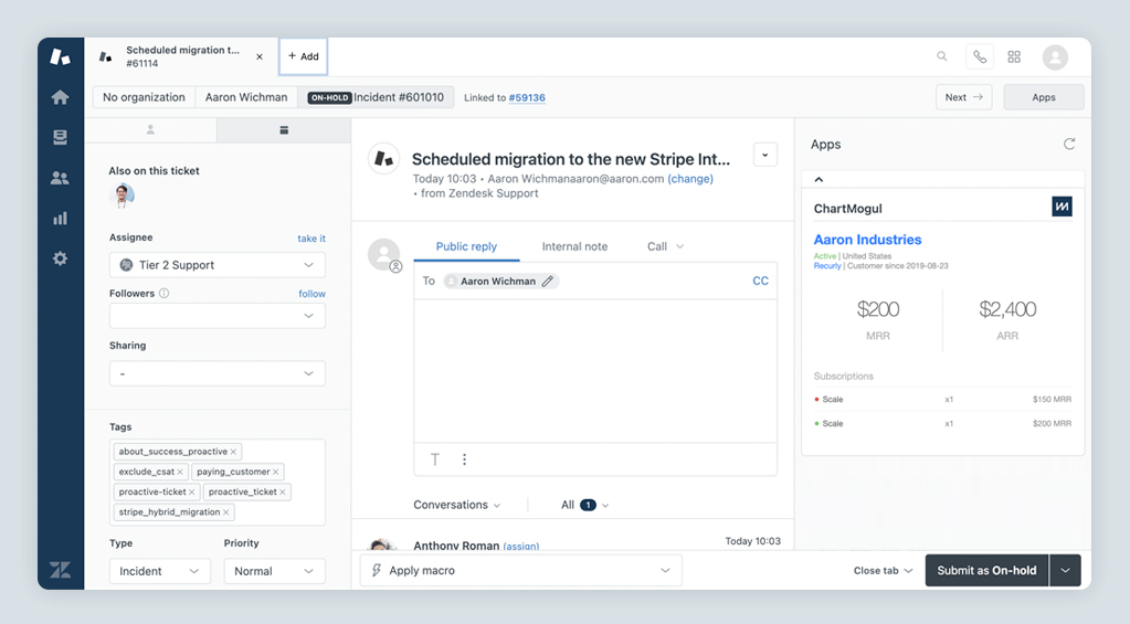 Zendesk screen featuring the ChartMogul app.