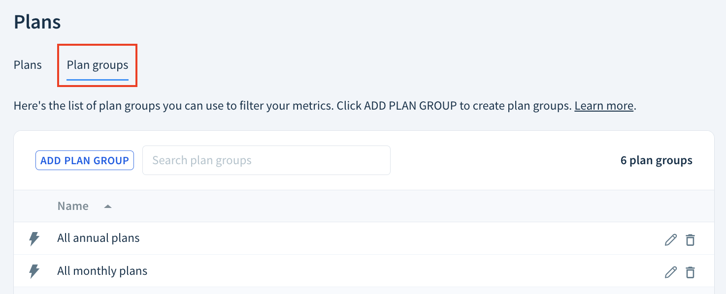 Screenshot of the Plans page with the Plan groups tab selected.
