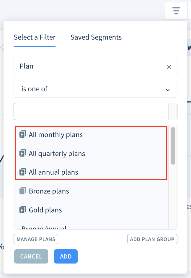 Screenshot of the plan and plan group selection dropdown showing three smart plan groups: All monthly plans, All quarterly plans, and All annual plans.