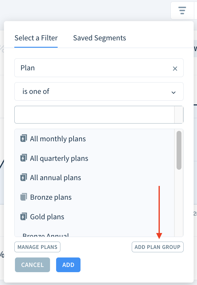 Screenshot of the plan and plan group selection dropdown showing the Add Plan Group button.