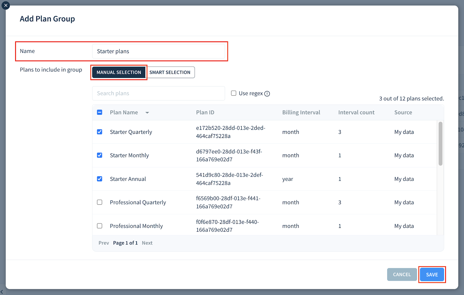 Screenshot of the Add Plan Group dialog highlighting the Name field, the Manual Selection tab and the Save button.