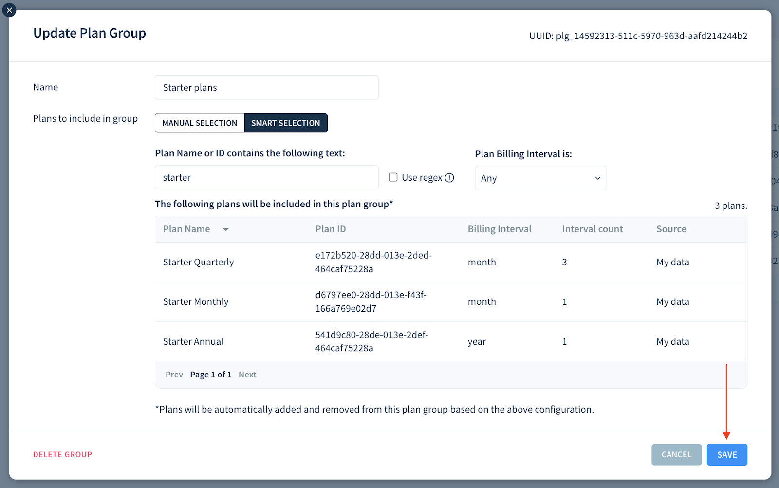 Screenshot of the Update Plan Group dialog with the Save button highlighted.