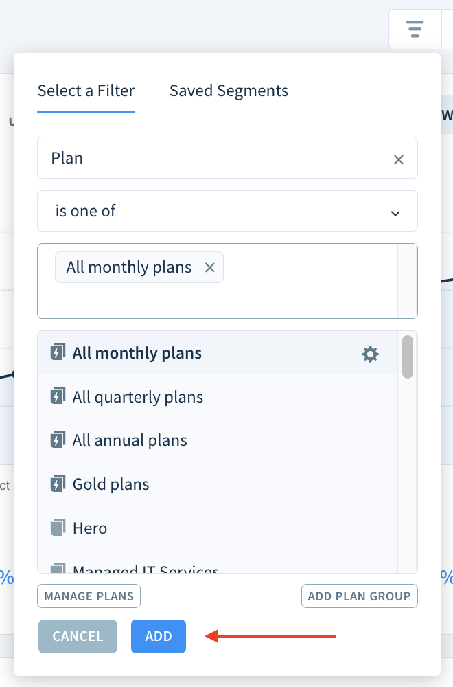 Screenshot of the plan and plan group selection dropdown with the Add button highlighted.