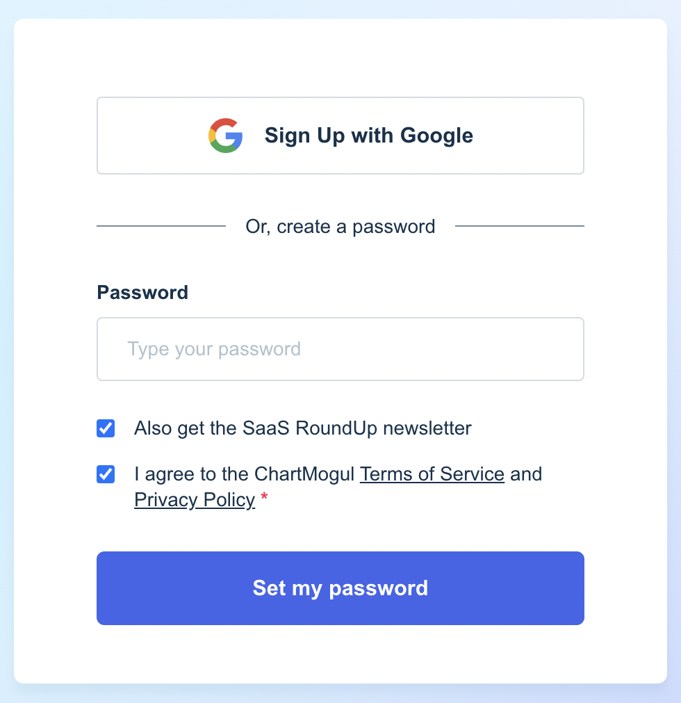 Screenshot of a page with two signup options: a Sing Up with Google button and a field to enter the user's password. At the bottom, there's a button saying Set my password.