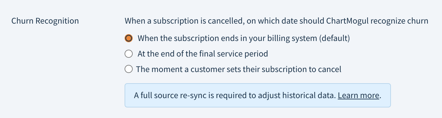 Screenshot of the three Churn recognition setting options described here