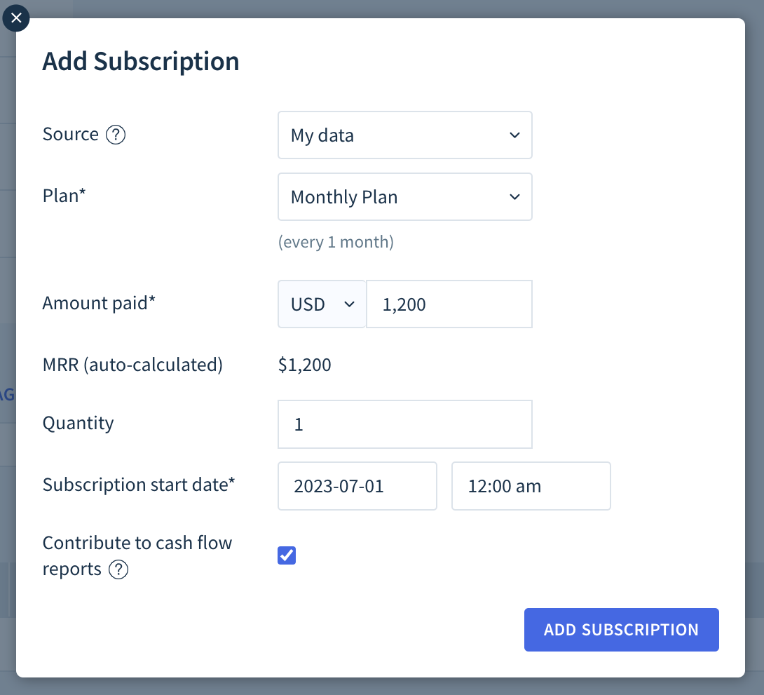 Screenshot of the Add Subscription dialog with fields as described here.