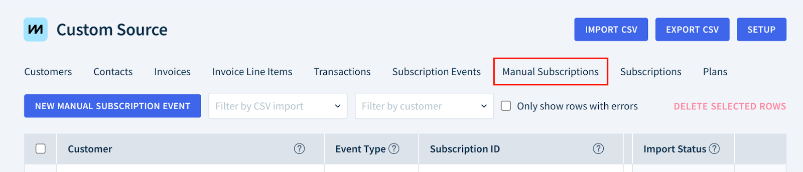 Screenshot highlighting the location of the Manual Subscriptions tab.