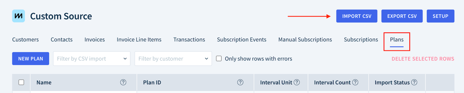 Screenshot highlighting the location of the Plans tab and the Import CSV button.