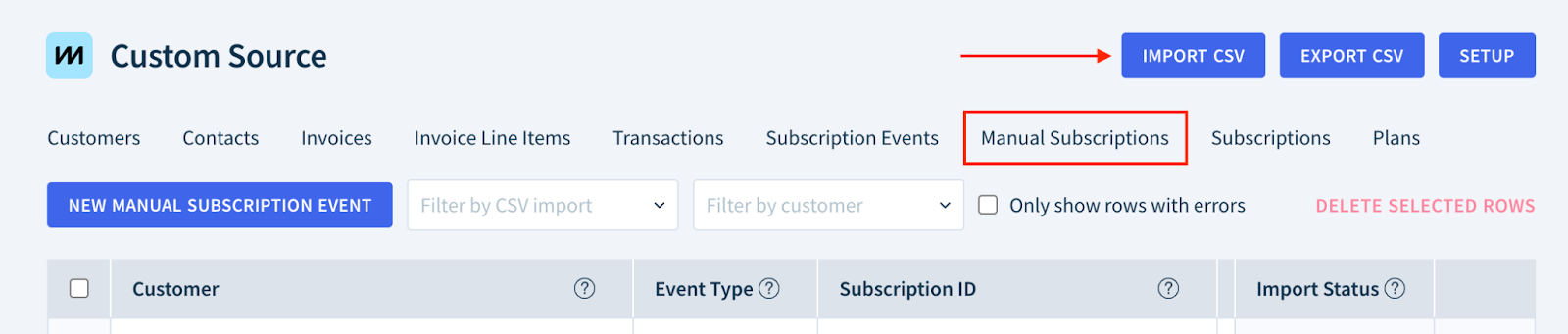 Screenshot highlighting the location of the Manual Subscriptions tab and the Import CSV button.