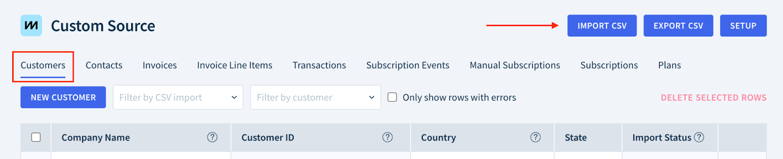 Screenshot highlighting the location of the Customers tab and the Import CSV button.