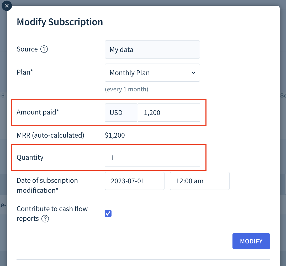 Screenshot of the Modify Subscription dialog with the Amount paid and Quantity fields highlighted.