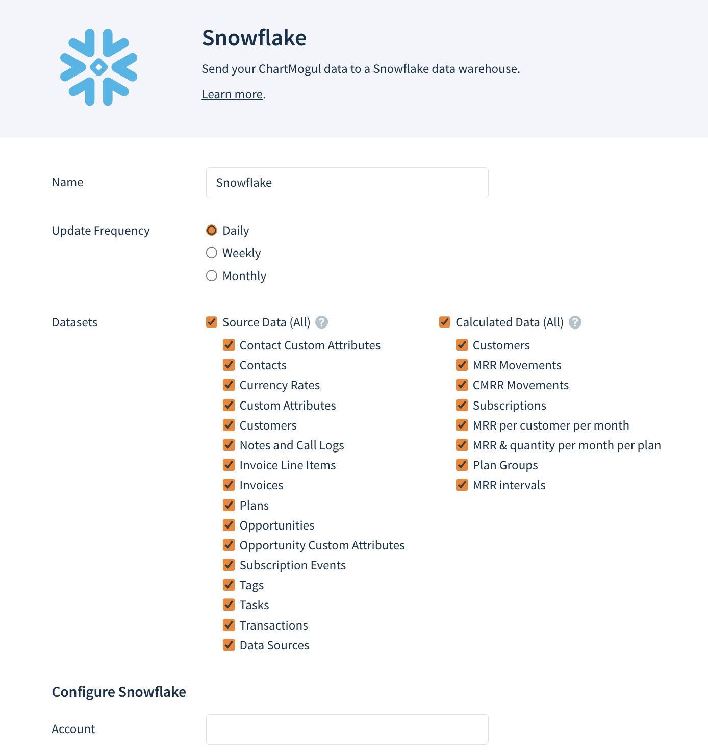 Screenshot of the destination setup dialog with checkboxes for selecting datasets.