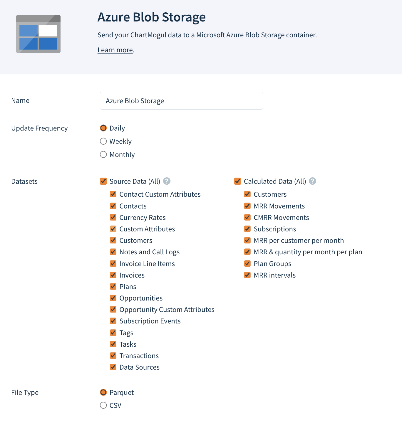 Screenshot of the destination setup dialog with checkboxes for selecting datasets.