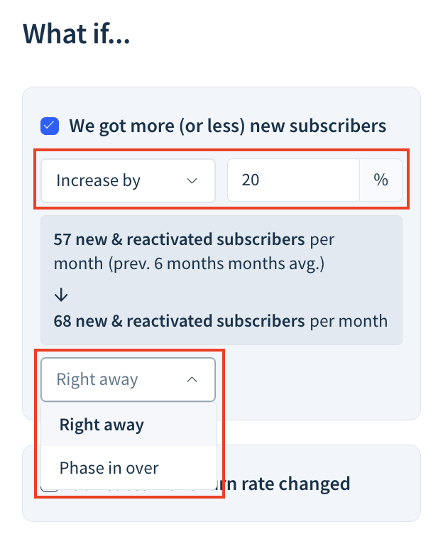 Screenshot of the scenario, What if we got more (or less) subscribers each month with configuration options as described here.