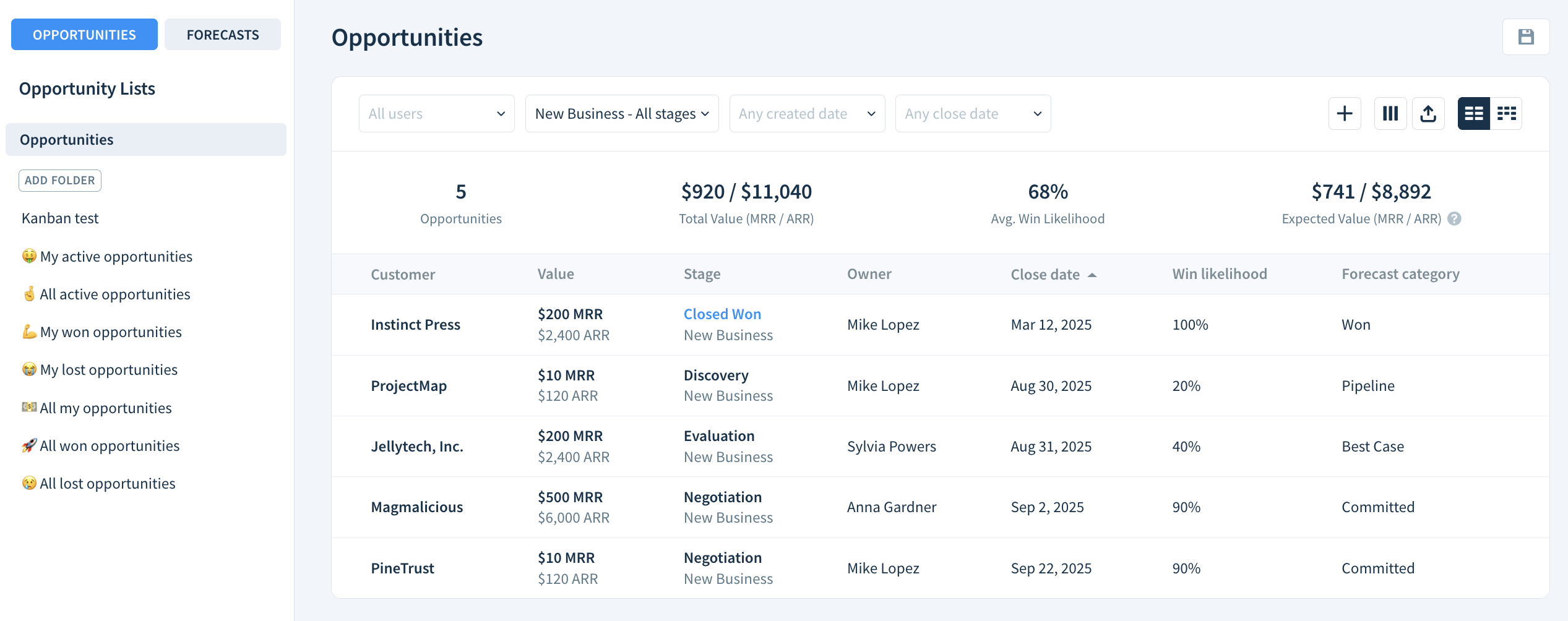 Screenshot of the Opportunities table with a list of saved opportunity lists to the left.