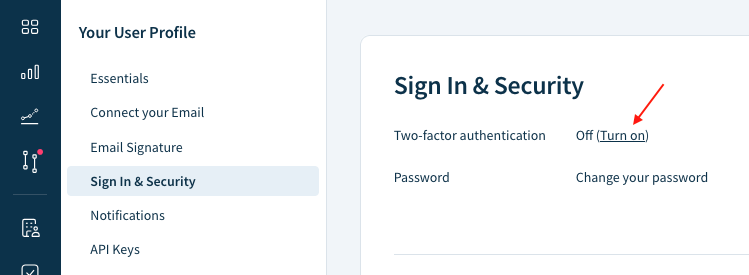 Screenshot of the Sign in & Security section of the User profile. The Two-factor authentication option is set to Off. A link next to the option says Turn On.