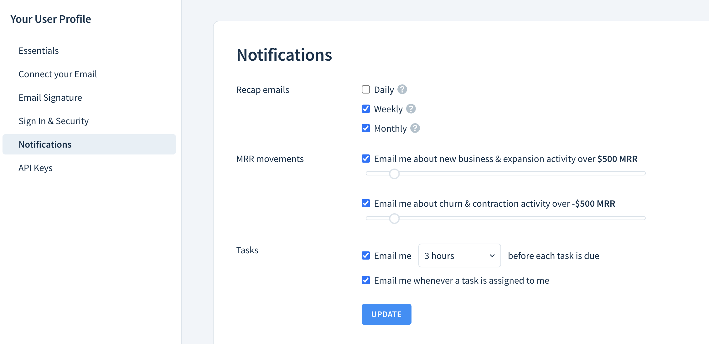 Screenshot of the Notifications page with three sections: Recap emails, MRR Movements and Tasks.