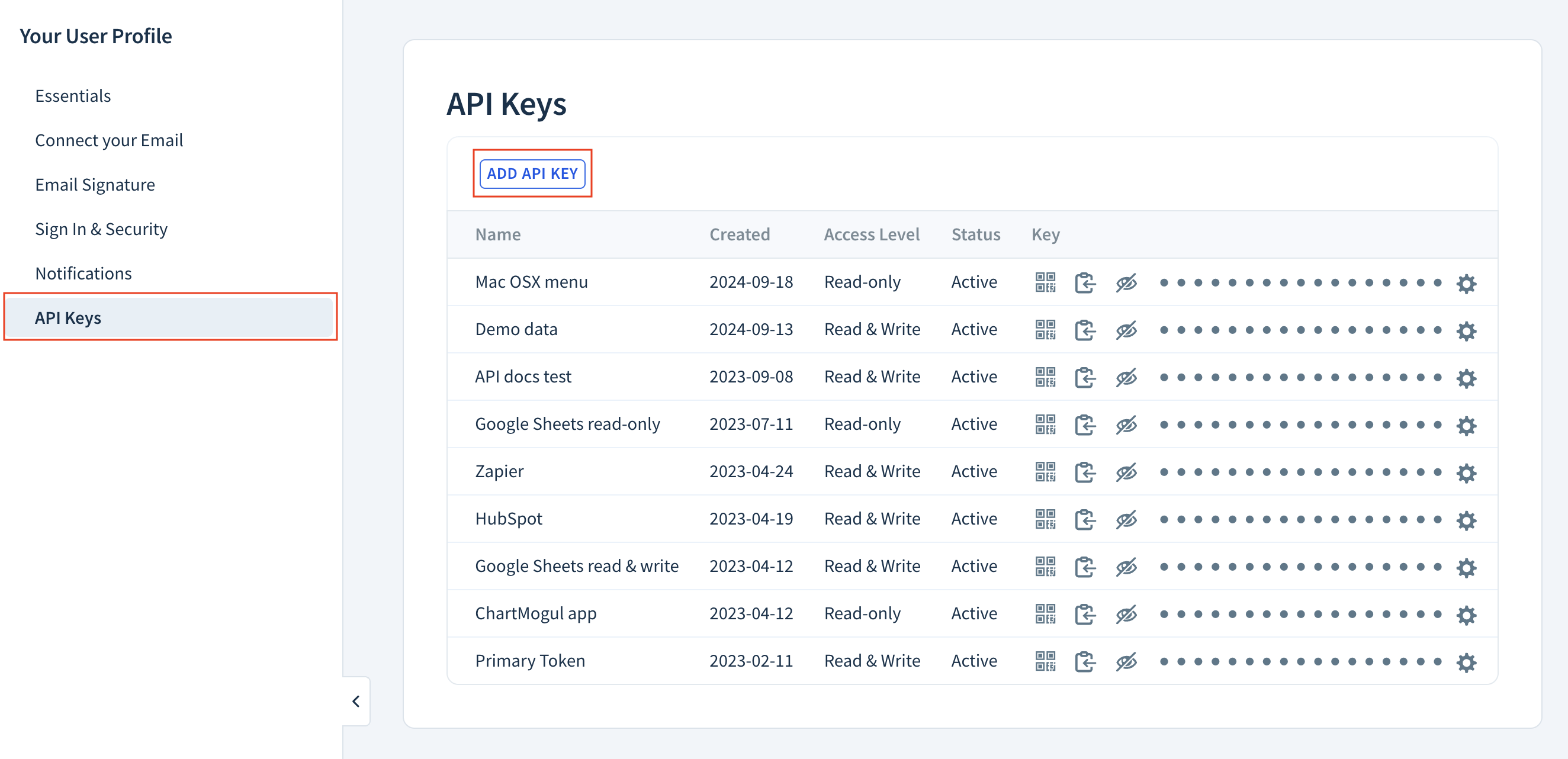 Screenshot of the API page, with a table listing various API keys and a link above the table saying, “Add API Key”.