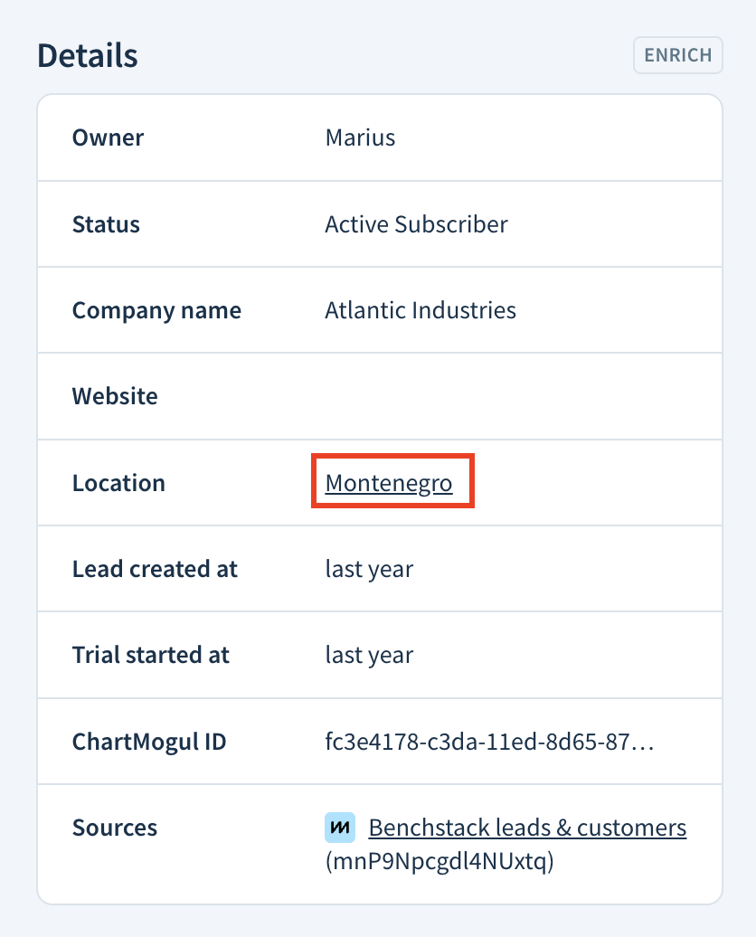 Screenshot showing the location attribute on a customer record