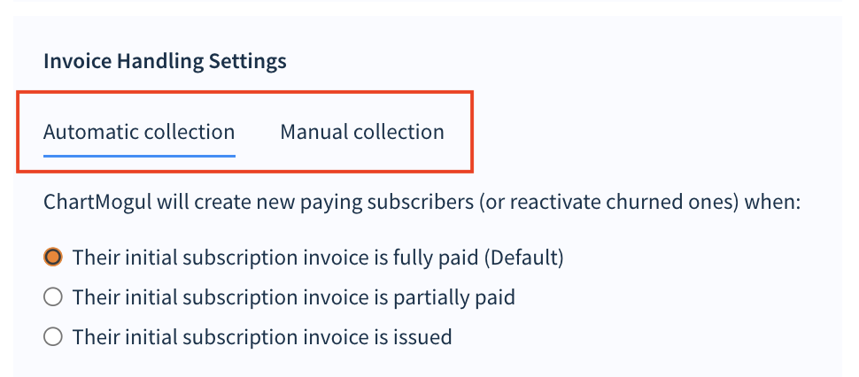 Screenshot of the invoice handling settings highlighting two tabs: Automatic collection and Manual collection.