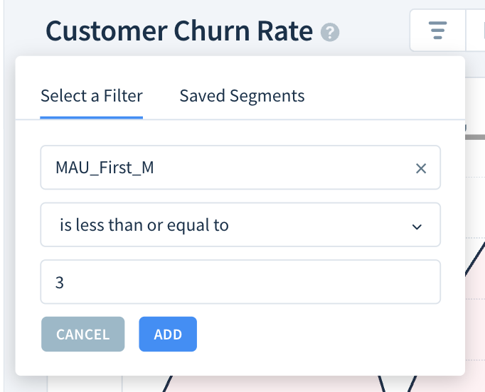 Image of filter with the attribute MAU_First_M and the condition is less than or equal to 3 selected