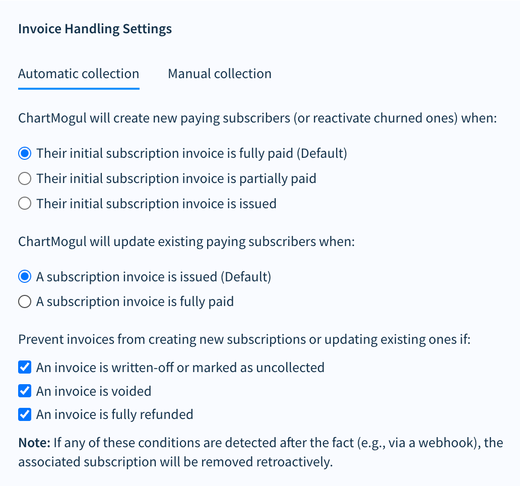  Screenshot of invoice handling settings, showing both automatic and manual collection methods. 