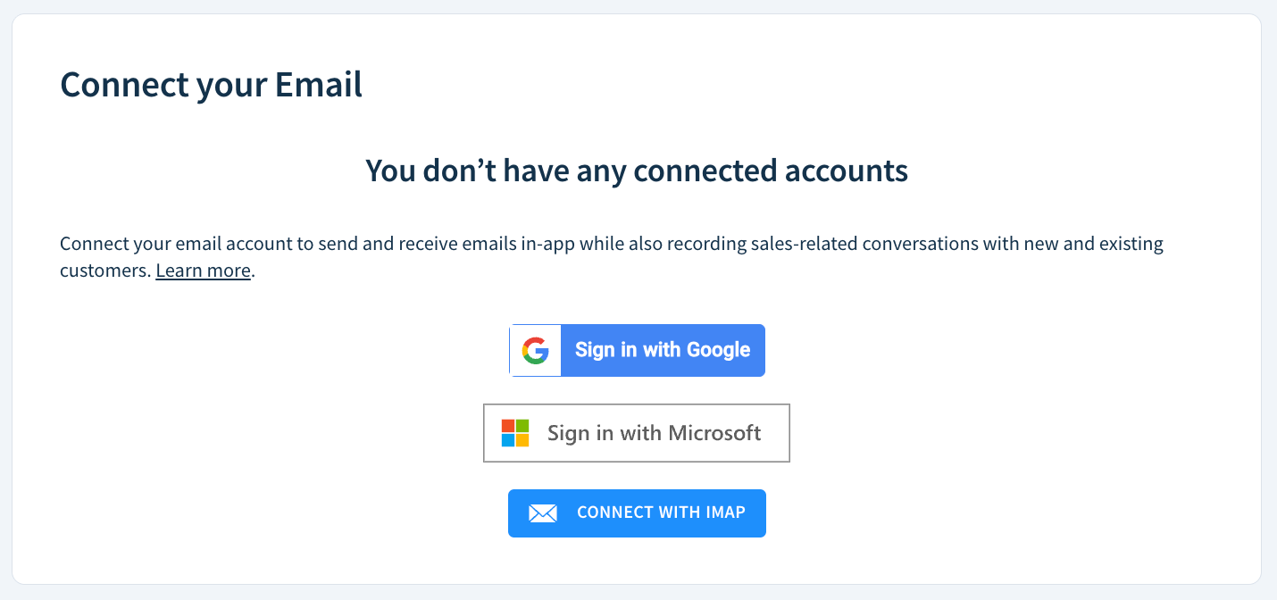 Screenshot of the Connect your Email page with options as described here.