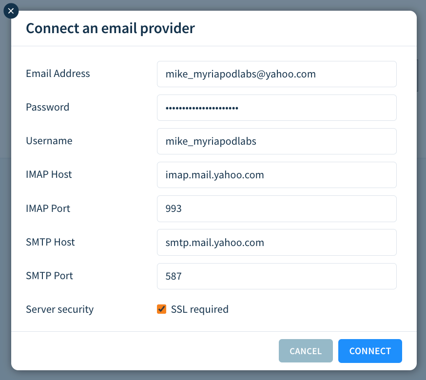 Screenshot of the Connect an email provider modal with fields as described here.