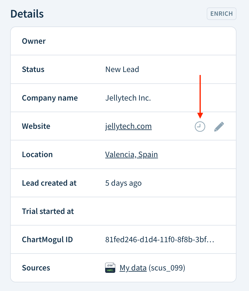 Screenshot of the Details section with a clock-shaped History icon in the Website field.