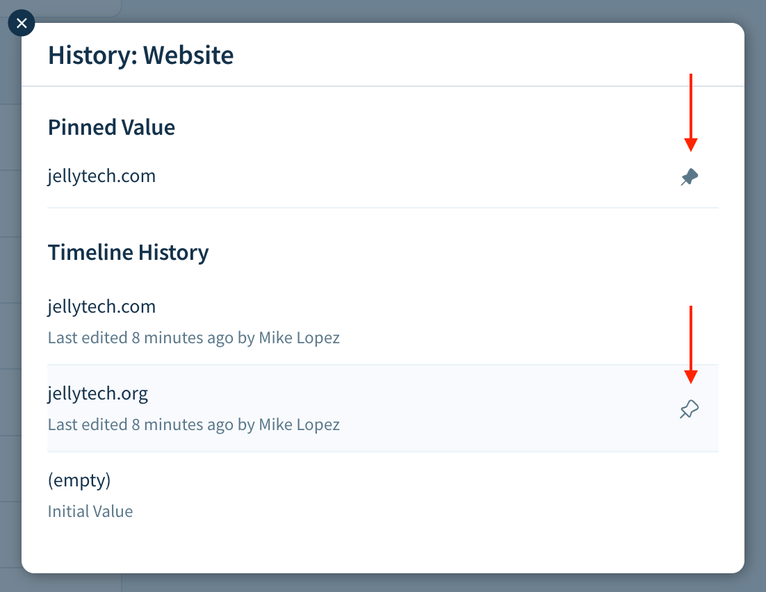 Screenshot of the modal showing the currently pinned value and historical values of the Website field, with the pin icons highlighted.
