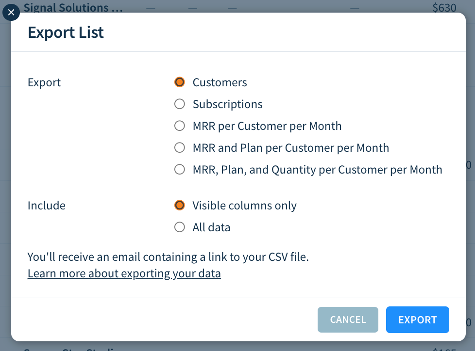 Screenshot of the Export List dialog with options as described here.
