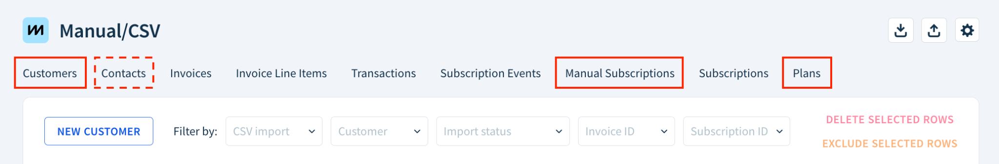 Screenshot highlighting the data tables required for importing subscription data (Customers, Manual Subscriptions, and Plans) as well as the optional Contacts table.