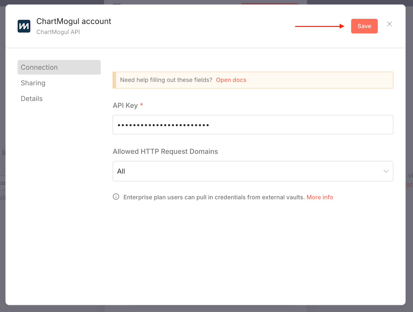 Screenshot of the dialog where you enter your API key.