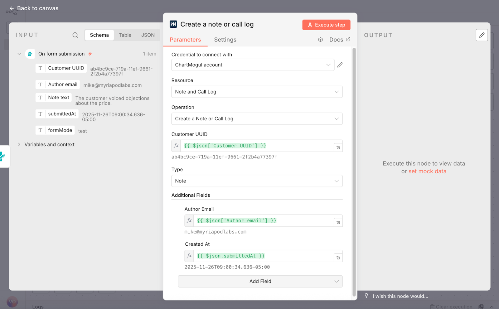 Screenshot of the configuration options for the Create a note or call log action.