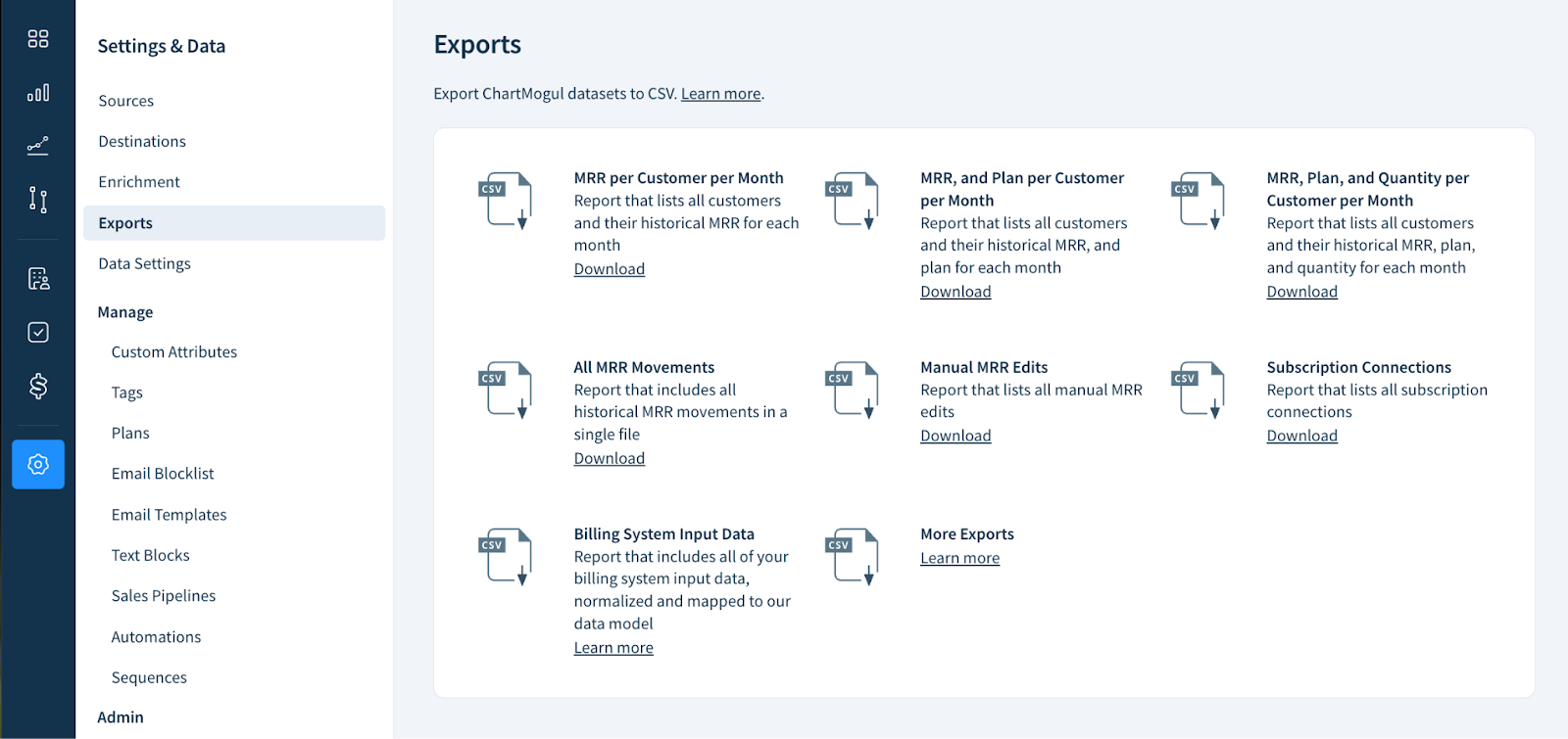 Screenshot of the Exports page.