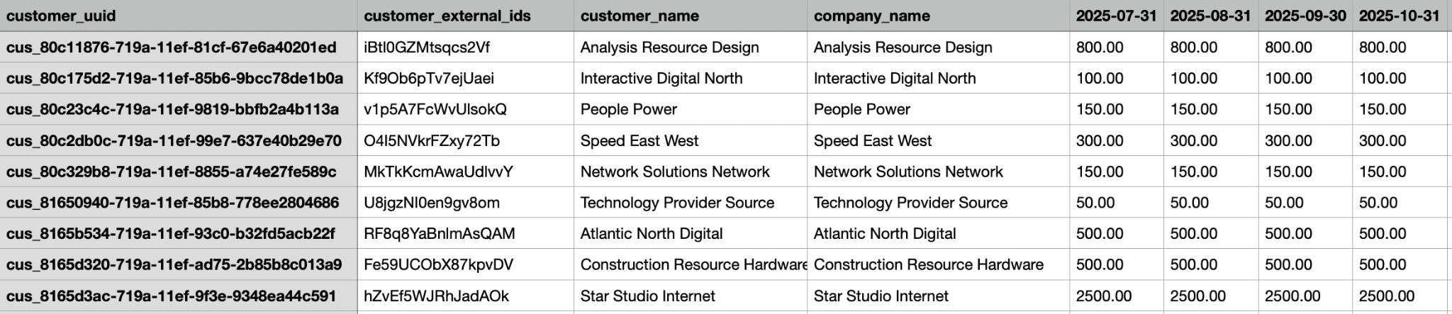 Screenshot of the exported CSV file with the following columns visible: “customer_uuid”, “customer_external_ids”, “customer_name”, “company_name”, “2025-07-31”, “2025-08-31”, “2025-09-30”, “2025-10-31”.