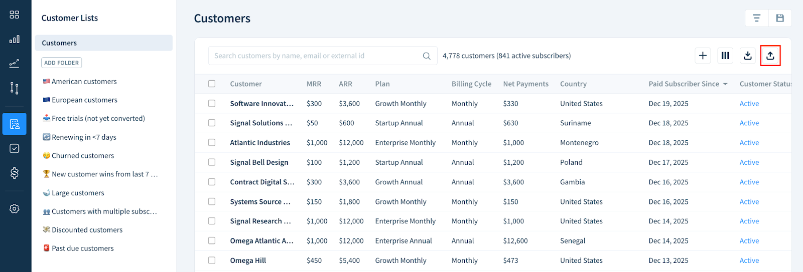 Screenshot of the Customers page with the Exports as CSV button highlighted.