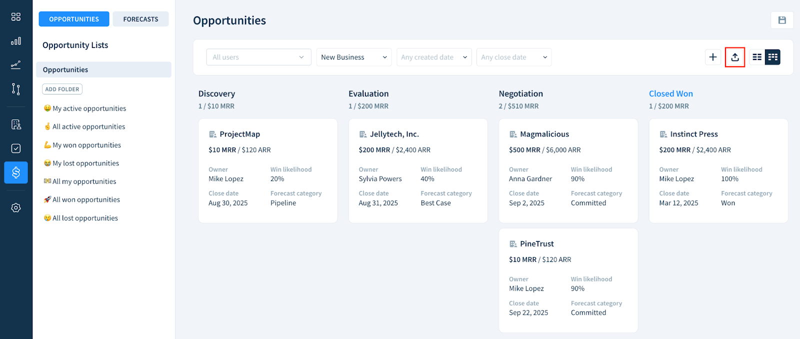 Screenshot of the Opportunities page with the Export as CSV button highlighted.