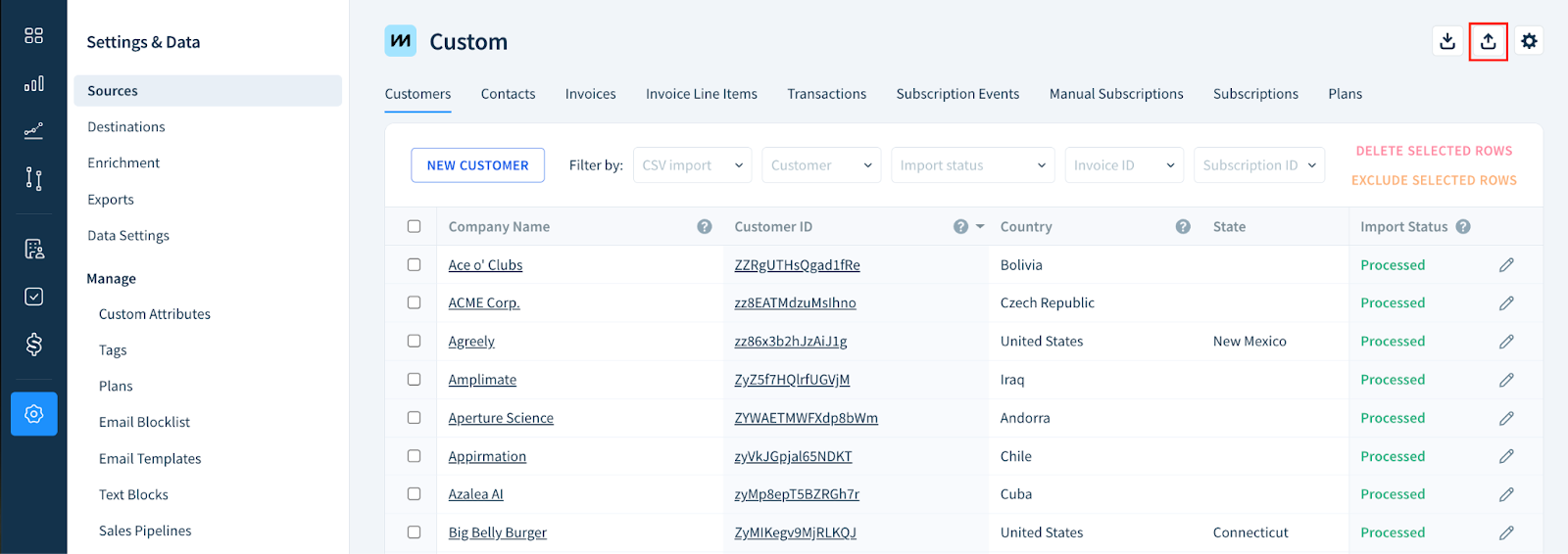 Screenshot of the Sources page with a source selected, showing the placement of the Export CSV button.