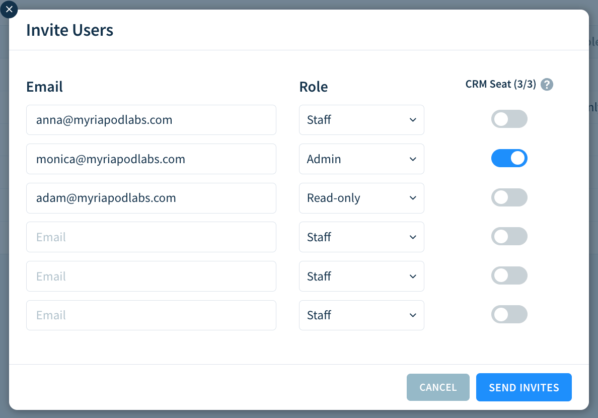 Screenshot of the Invite Users modal with options as described here.